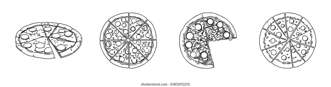 Hand-drawn pizza, drawn with all its ingredients in full detail. It has a creative and rustic atmosphere, a perfect option that you can use in your designs. Ideal for emblems, posters, icons or menus.