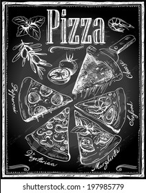 Hand-drawn Pizza With Ingredients On Chalkboard