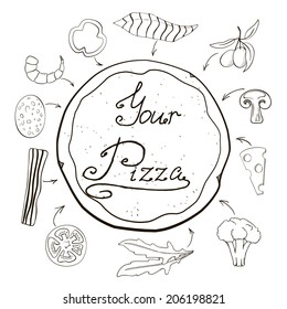 Hand-drawn pizza with ingredients of it in vector format