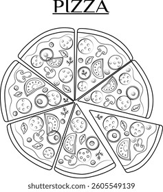 A hand-drawn pizza sketch. Black and white vector illustration of food highlighted on a white background. Illustration of food. Vector illustration.