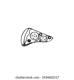 Hand-drawn pizza slice. Single element isolated on white background. Salami pizza. Fast food. Vector illustration