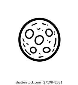 Handgezeichnete Pizzaschnitte, Vektorgrafik in Schwarz-Weiß, mit sichtbaren kreisförmigen Belägen und kleineren Flecken, alles im Doodle-Stil, einzeln auf weißem Hintergrund.