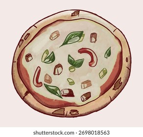 Hand-drawn Pizza with sliced ingredients, basil leaves. Textured watercolor Paint. Peppers, zucchini, meat. Italian cuisine in restaurant. Isolated food. Cheese, ketchup. Vector color illustration