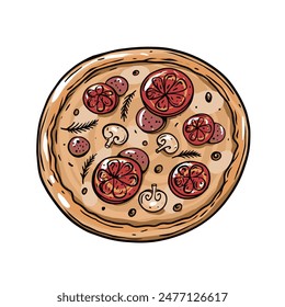 Hand-drawn pizza with toppings, including mushrooms and tomatoes. Perfect for menu design or food blogs.