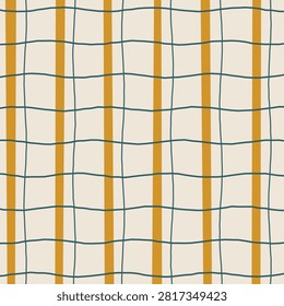 Hand-drawn plaid grid pattern with mustard yellow stripes and thin dark green lines on beige