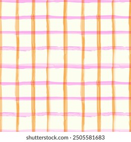 Hand-drawn plaid seamless in pink and orange on cream color background. Ideal for fashion graphics (all-over prints), home decor (wallpaper, tablecloths, bedclothes) or wrapping paper and covering