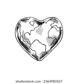 Hand-drawn planet Earth sketch in heart shape. Nature and ecology vector illustration. Earth Day element. Vintage style.	