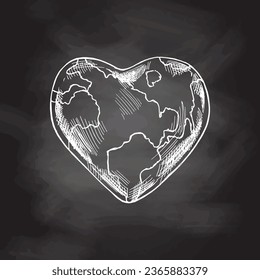 Hand-drawn planet Earth sketch in heart shape on chalkboard background. Nature and ecology vector illustration. Earth Day element. Vintage style