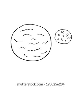 Hand-drawn planet with moon-satellite. Doodle style, simple minimalistic drawing. Fantasy cosmic sketch, line art.Isolated.Vector illustration.