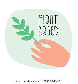 Hand-drawn Plant Based Products Icon, Label With Hand Lettering. Clean, Healthy Eating, Vegetarian, Vegan Food Symbol. A Person's Hand Holds A Green Plant Branch, Leaf. Vector Isolated Illustration.