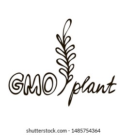 hand-drawn plant icon, grid, leaves and text inscription GMO plant on a white background isolated for use in design, illustration, doodle, logo