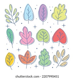 Colección de color completo de hojas de planta extraídas a mano