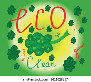 Hand-drawn plants on green neon background with eco nature signatures