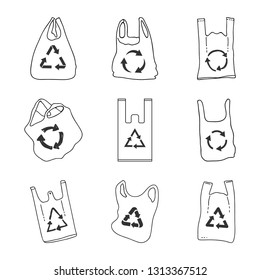 Hand-drawn plastic bags with recycling marks.  Plastic bag pollution problems. Set vector illustration.