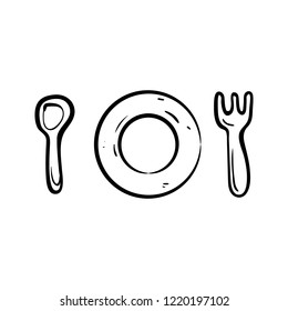 Handdrawn plate dining doodle icon. Hand drawn black sketch. Sign symbol. Decoration element. White background. Isolated. Flat design. Vector cartoon illustration.