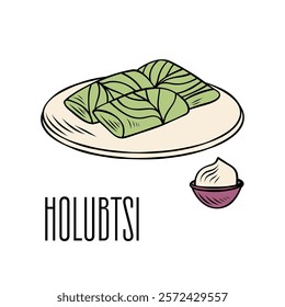 Hand-drawn plate of holubtsi with sour cream. Traditional Ukrainian dishes, vector illustration for cookbook or menu, packaging, stickers, advertising. Ukrainian food. Vector line drawing