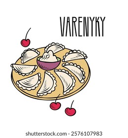 Hand-drawn plate of sweet dumplings or varenyky with cherries and sour cream. Ukrainian dishes. Good for cookbook or menu, packaging, stickers, advertising. Ukrainian food. Vector line drawing