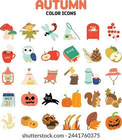 Hand-drawn play, object and food icons symbolizing fall