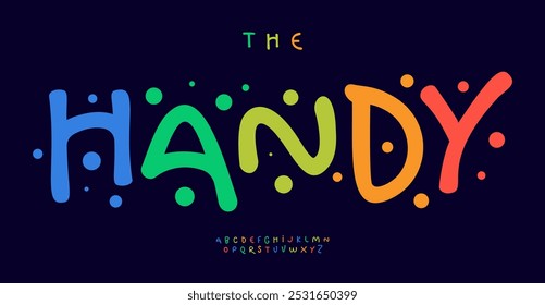 Handdrawn playful lettering, colorful bouncy typeface, colorful marker font for kid designs, vibrant branding, cheerful modern typography. Vector typeset.