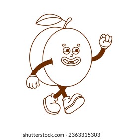 El carácter retro de ciruela dibujado a mano. Ilustración vectorial en el estilo retro de caricatura de moda. Fruta, comida saludable.