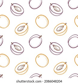 Hand-drawn plum. Vector plum isolated on a white background. Seamless pattern.