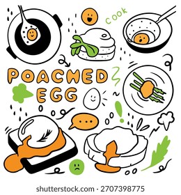 Colección de Doodle de huevos escalfados dibujados a mano