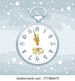 Hand-drawn pocket watch on winter background.
12 hours. Christmas and New Year. 2018.