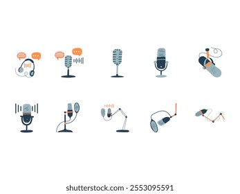 Conjunto de elementos de diseño de podcast dibujado a mano 