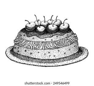 Hand-drawn pointillism Cake isolated on white background