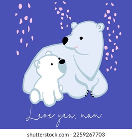 Hand-drawn polar bear with a little bear, outline, vector isolated on blue background