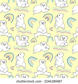 Patrón transparente del vector del oso polar dibujado a mano. Impresión de tela para niños. Arcoiris. Oso. Patrón sin fisuras de tejido. Textil.