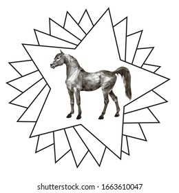 hand-drawn polygonal drawing of a horse in a star-shaped frame, premium rosette, monochrome image on a white background for design for sporting events