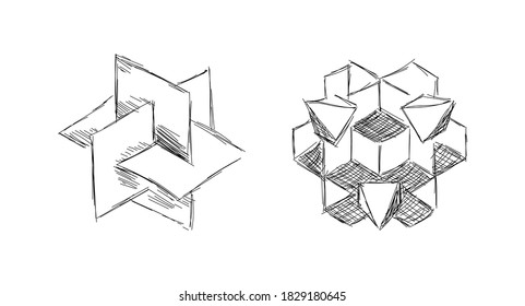 Hand-drawn polygonal shape of a star and a cube in 3d perspective black and white with shadows and lines