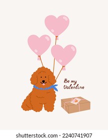 Hand-drawn poodle dog with balloons, gift box, and hand lettering. Concept of valentine's day, romance, gifts, love, romantic surprise, adventures.