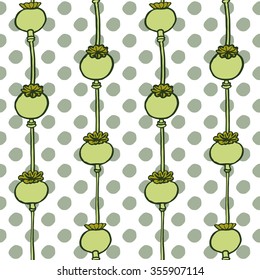 Hand-drawn poppy head seamless pattern on polka dotted background, vector illustration. Retro style seamless design with poppy heads for textile, prints, wrapping paper and scrapbooking products