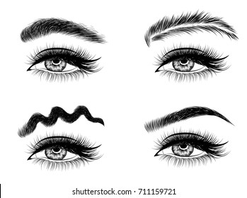 Hand-drawn popular trend social media woman's eye with perfectly squiggle,haired eyebrows and full lashes. Idea for business visit card, typography vector.Perfect salon look