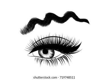 Hand-drawn popular trend social media woman's eye with perfectly squiggle eyebrows and full lashes. Idea for business visit card, typography vector.Perfect salon look