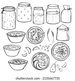 Hand-drawn porridge set.  Sweet porridges with various toppings in bowls. Cereals in jars. Healthy food concept. Vector sketch illustration