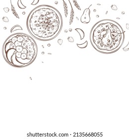 Hand-drawn porridge set.  Sweet porridges with various toppings in bowls.  Vector background. Sketch illustration