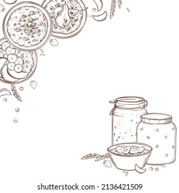 Hand-drawn porridge set.  Sweet porridges with various toppings in bowls. Cereals in jars. Healthy food concept. Vector background. Sketch illustration