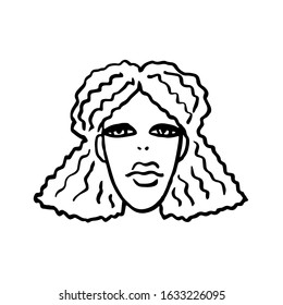Hand-drawn portrait of a beautiful black woman with fluffy hair gathered from behind. She calmly looks in front of her. Black contour drawing of a female face with big eyes in a cartoon style.