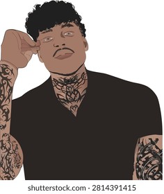 Hand-drawn portrait vector illustration of a handsome young man with tattoos on his neck and arms, green eyes, and curly black hair, wearing a black v-neck shirt isolated on white background.