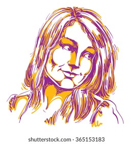 Hand-drawn portrait of white-skin romantic woman, face emotions theme illustration. Beautiful dreamy lady posing on white background. Graphic artistic illustration.