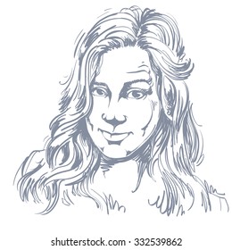 Hand-drawn portrait of white-skin skeptic woman, face emotions theme illustration. Beautiful distrustful lady, model posing on white background. I do not believe you theme.