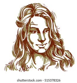 Hand-drawn portrait of white-skin skeptic woman, face emotions theme illustration. Beautiful distrustful lady, model posing on white background. I do not believe you theme.