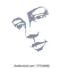 Hand-drawn portrait of white-skin sorrowful woman, sad face emotions theme illustration. Beautiful melancholic lady posing on white background, face features.