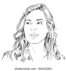 Hand-drawn portrait of white-skin woman, face emotions theme illustration. Beautiful romantic lady posing on white background. 