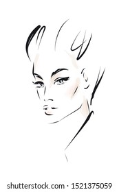 Hand-drawn portrait of young woman. Face of beautiful girl with makeup and hairstyle. Fashion illustration in sketch style. Vector