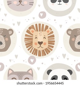 Hand-drawn portraits of cute animals. Cat, lion, bear and panda. Background with hearts and dots, abstract circles. Vector illustration in Scandinavian style. Seamless pattern for baby textiles, print