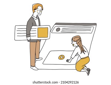 Hand-drawn portraits of designer men and women creating interfaces for websites and mobile apps